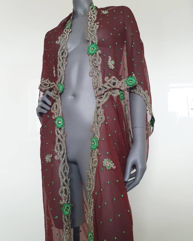 Draped coffee brown kimono with elaborated hand embrodery in silver and green (L)