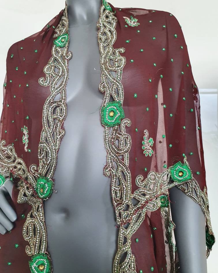 Draped coffee brown kimono with elaborated hand embrodery in silver and green (L)