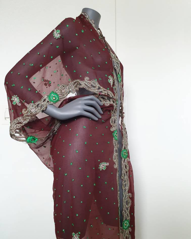 Draped coffee brown kimono with elaborated hand embrodery in silver and green (L)