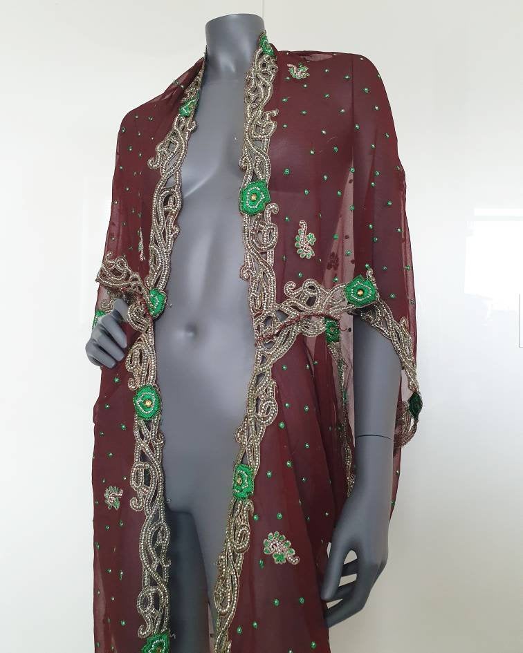 Draped coffee brown kimono with elaborated hand embrodery in silver and green (L)