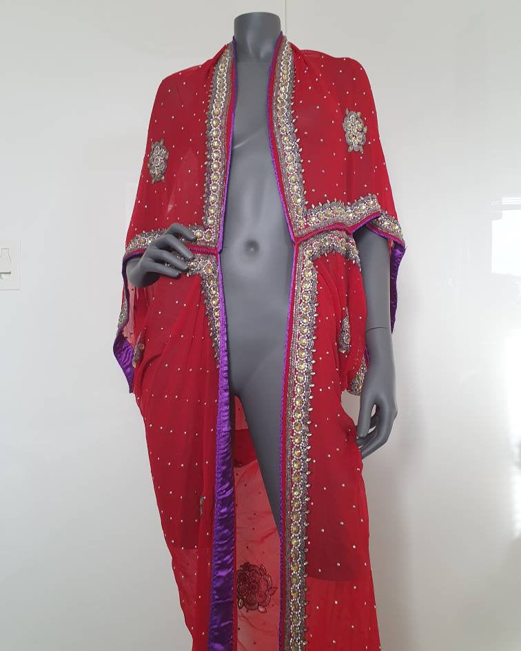 Draped kimono, red with elaborated hand embrodery and with pale golden glass beads and purple lined trim (L-XL)