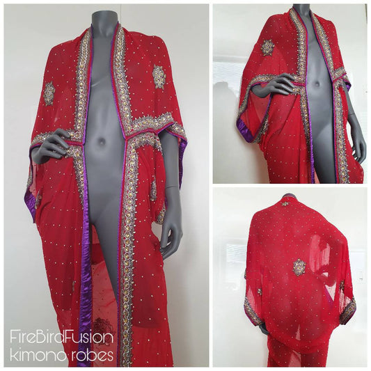 Draped kimono, red with elaborated hand embrodery and with pale golden glass beads and purple lined trim (L-XL)