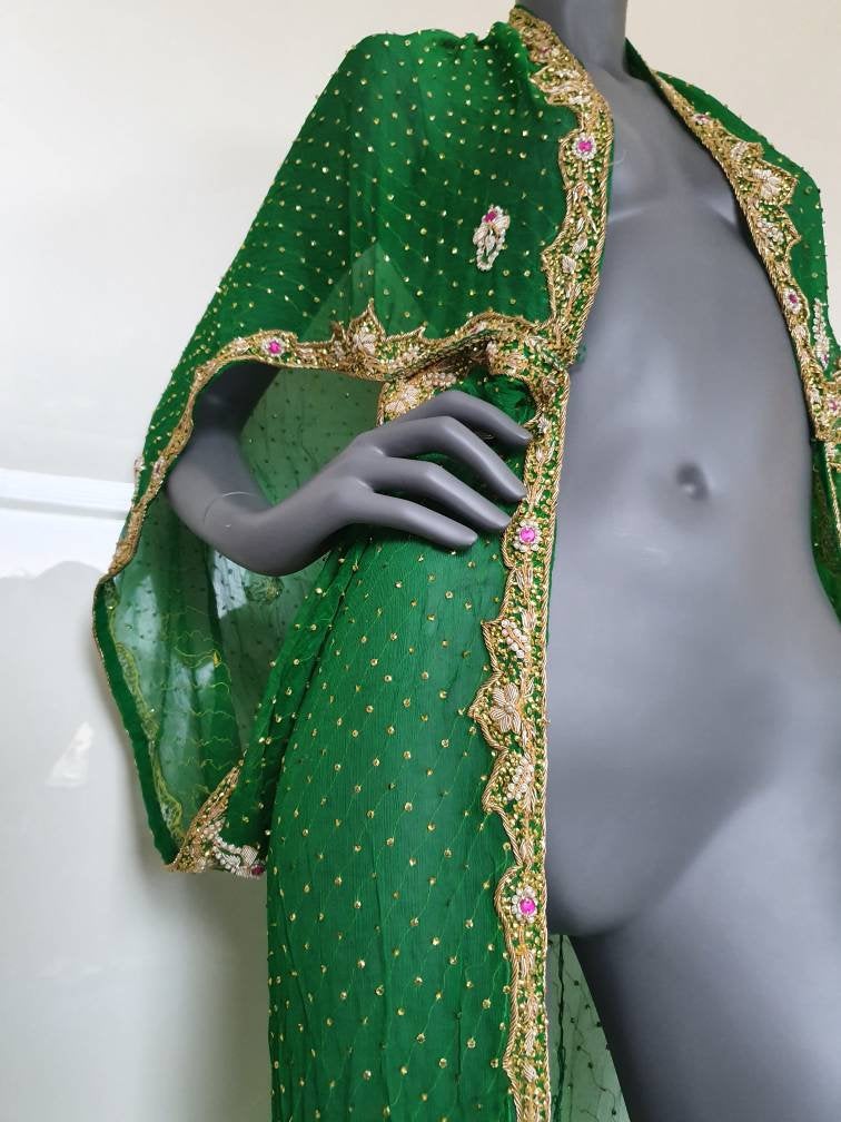 Luxurious draped kimono in pure silk, grass green with beautiful hand embroidered zardozi trim in gold (M)