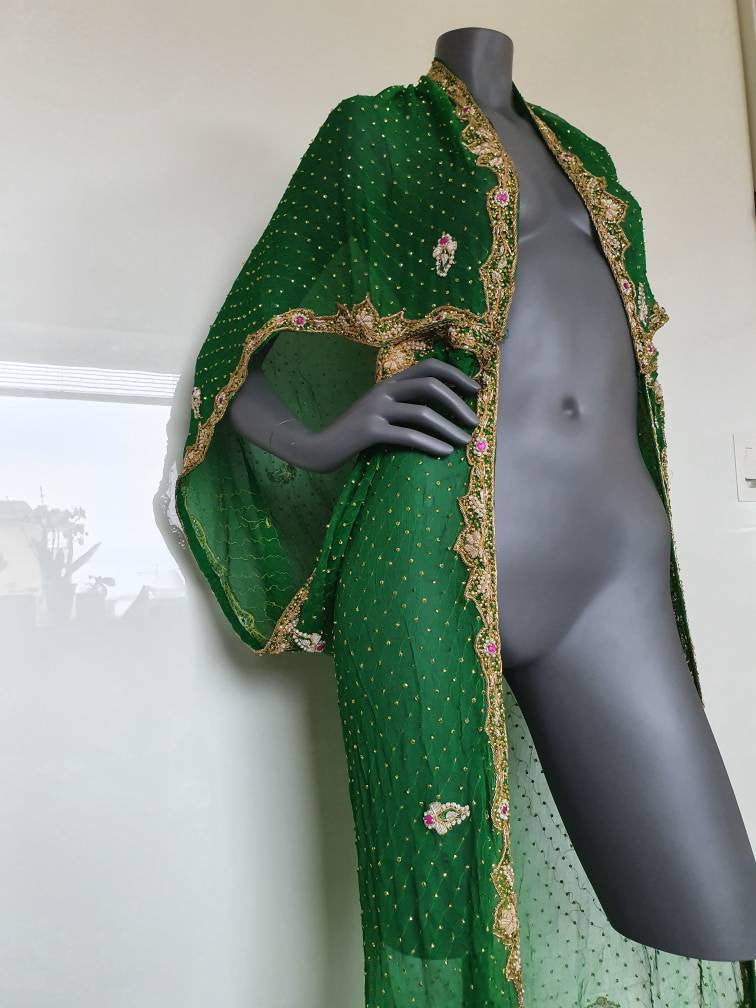 Luxurious draped kimono in pure silk, grass green with beautiful hand embroidered zardozi trim in gold (M)