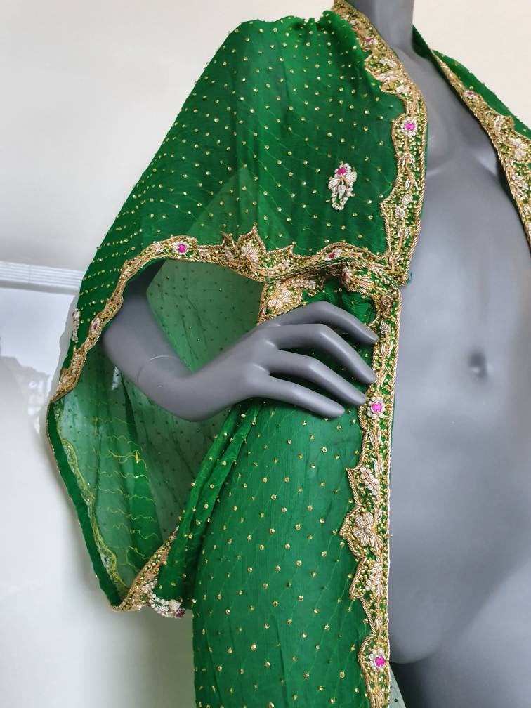 Luxurious draped kimono in pure silk, grass green with beautiful hand embroidered zardozi trim in gold (M)