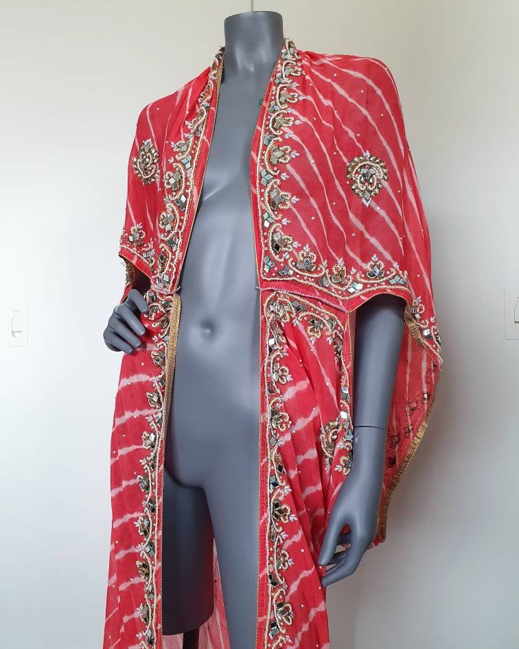 Draped kimono, hand dyed batik in light salmon red and white elaborated embellished with glass mirrors and beads (L)