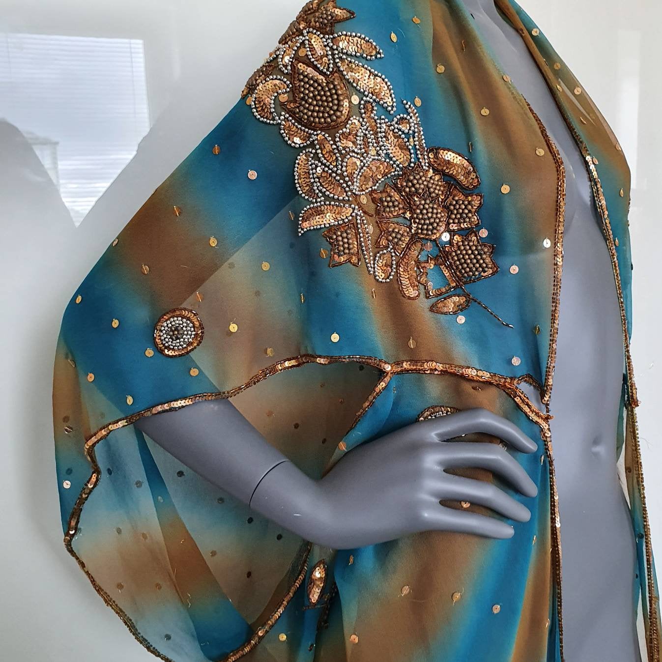 Draped kimono in teal and brown with elaborated hand embroidery with bronze sequins and beads (M-L)