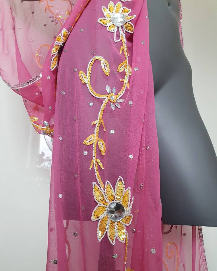 Draped kimono in pink, cut outs and hand embroidery with yellow, crystal and white (M)