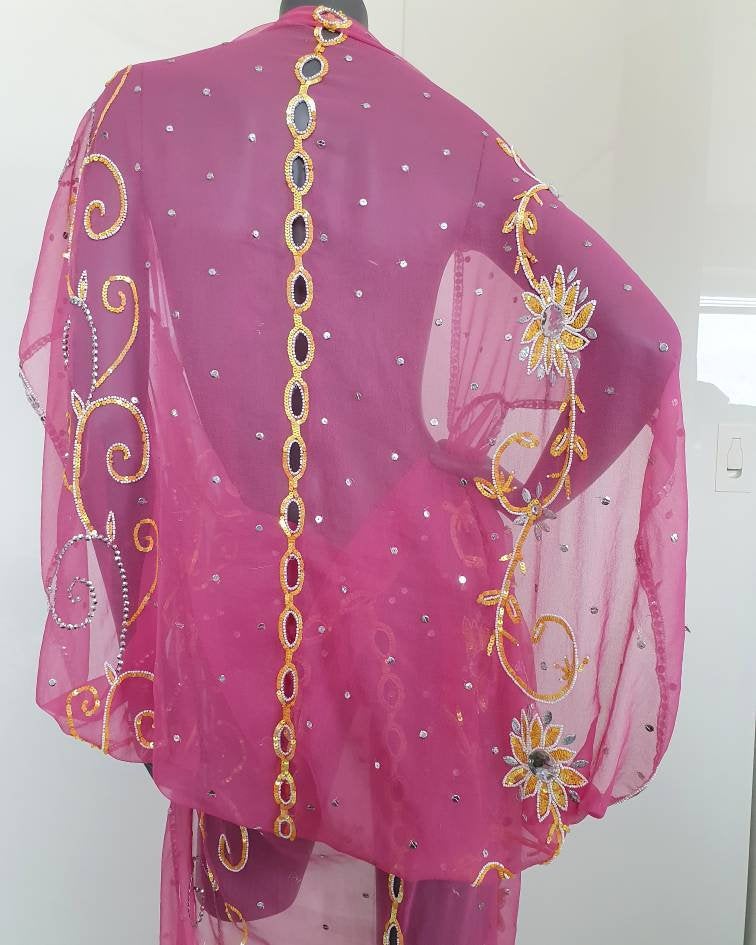 Draped kimono in pink, cut outs and hand embroidery with yellow, crystal and white (M)