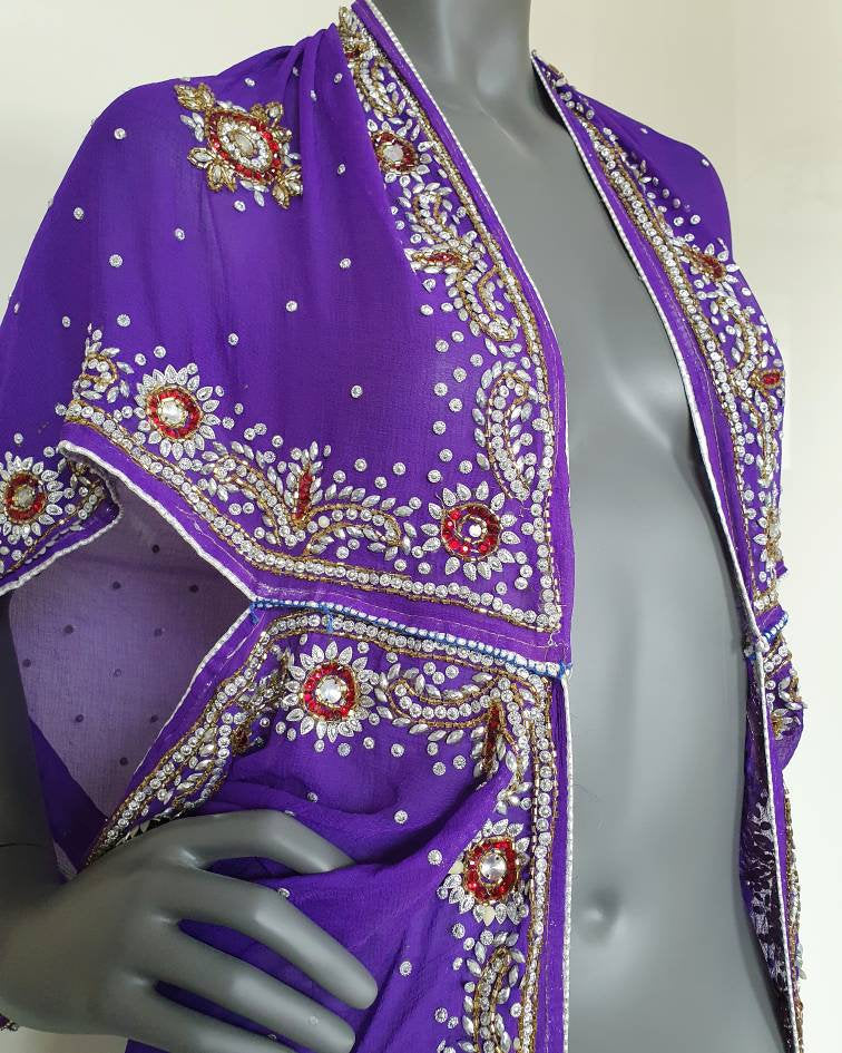 Draped kimono in bright purple with elaborated hand embellishments in white, red and yellow (M)