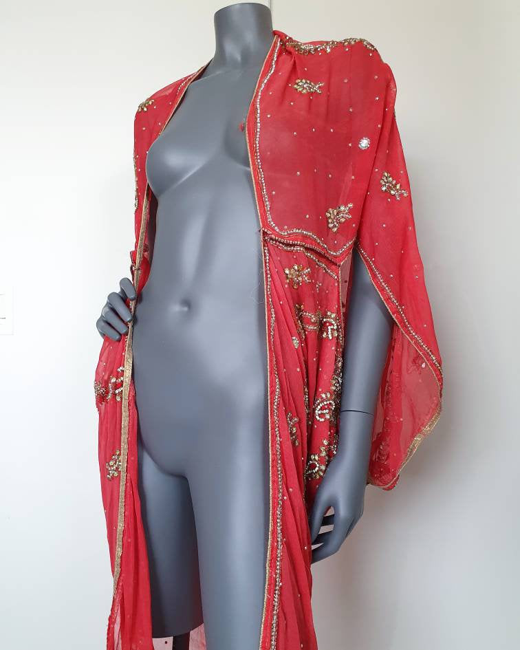 Draped kimono in warm punch with elaborated hand embroidery with irredecent crystals (M)