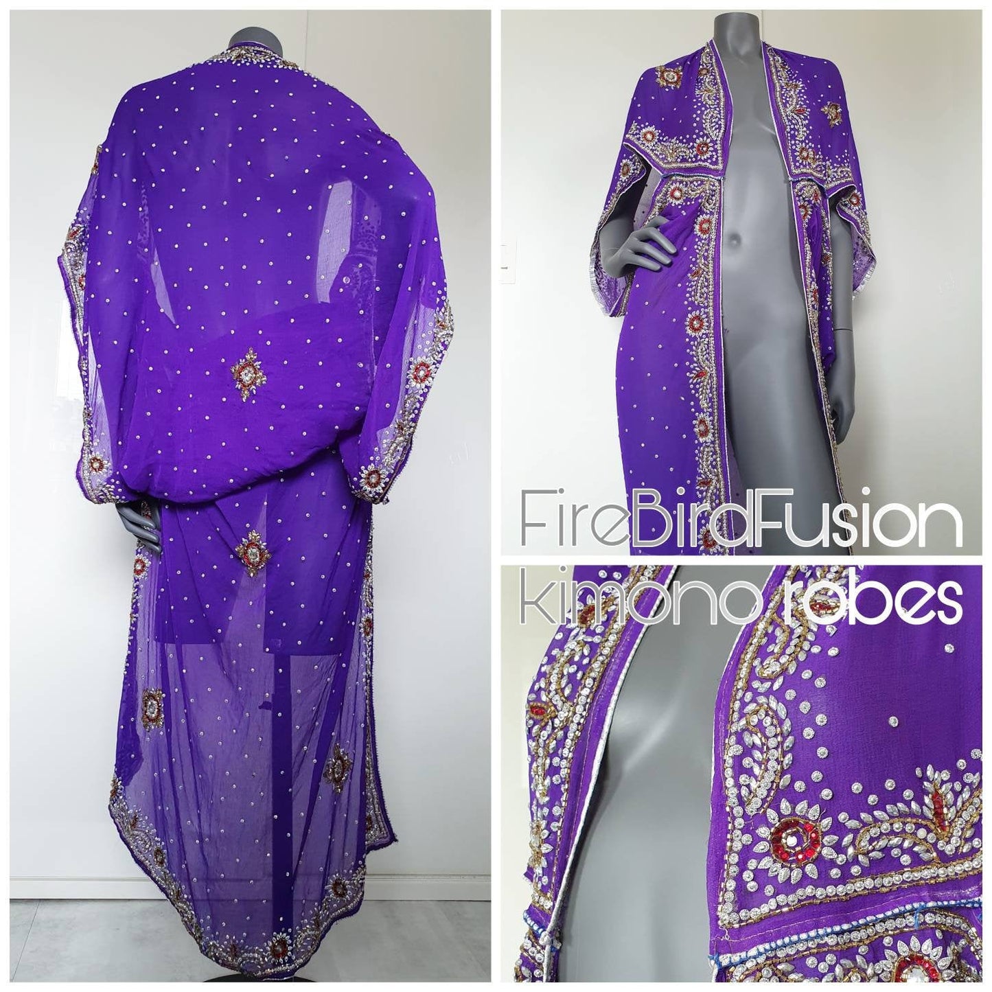 Draped kimono in bright purple with elaborated hand embellishments in white, red and yellow (M)