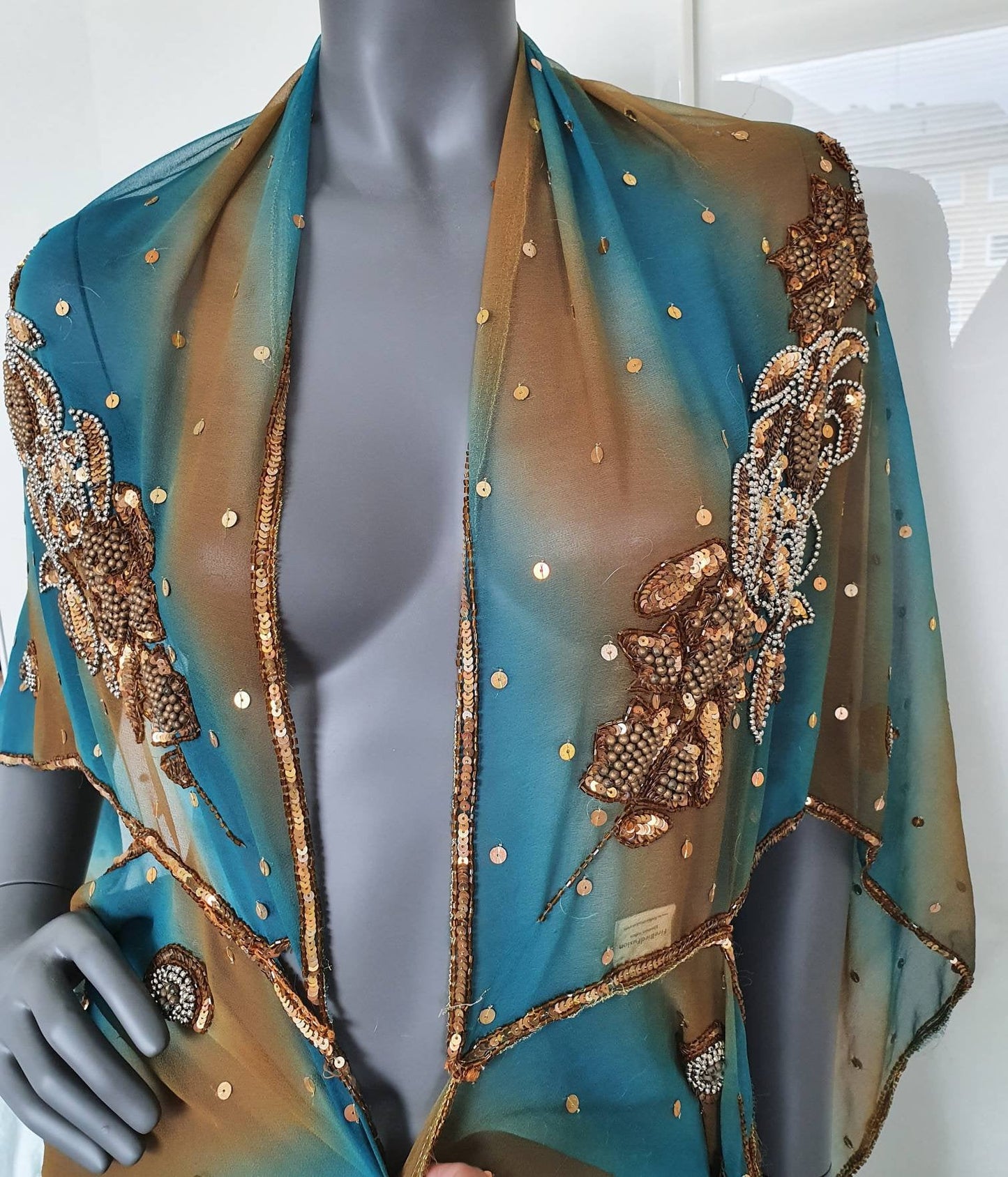 Draped kimono in teal and brown with elaborated hand embroidery with bronze sequins and beads (M-L)