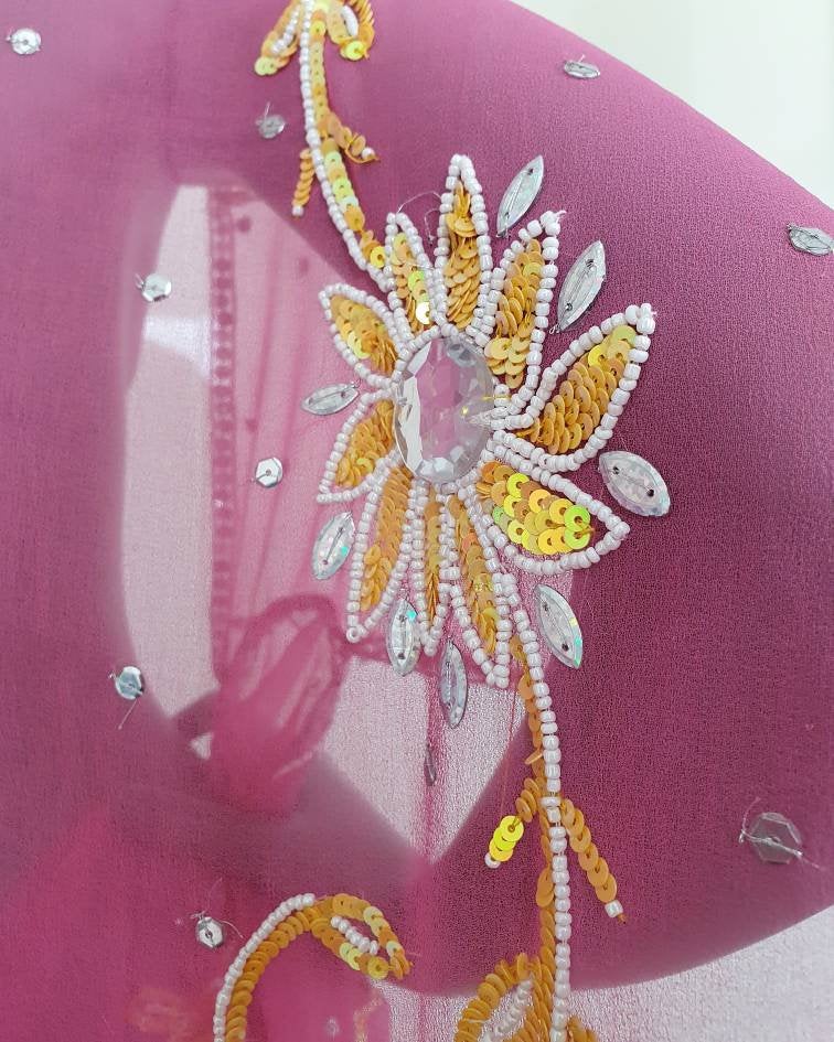 Draped kimono in pink, cut outs and hand embroidery with yellow, crystal and white (M)