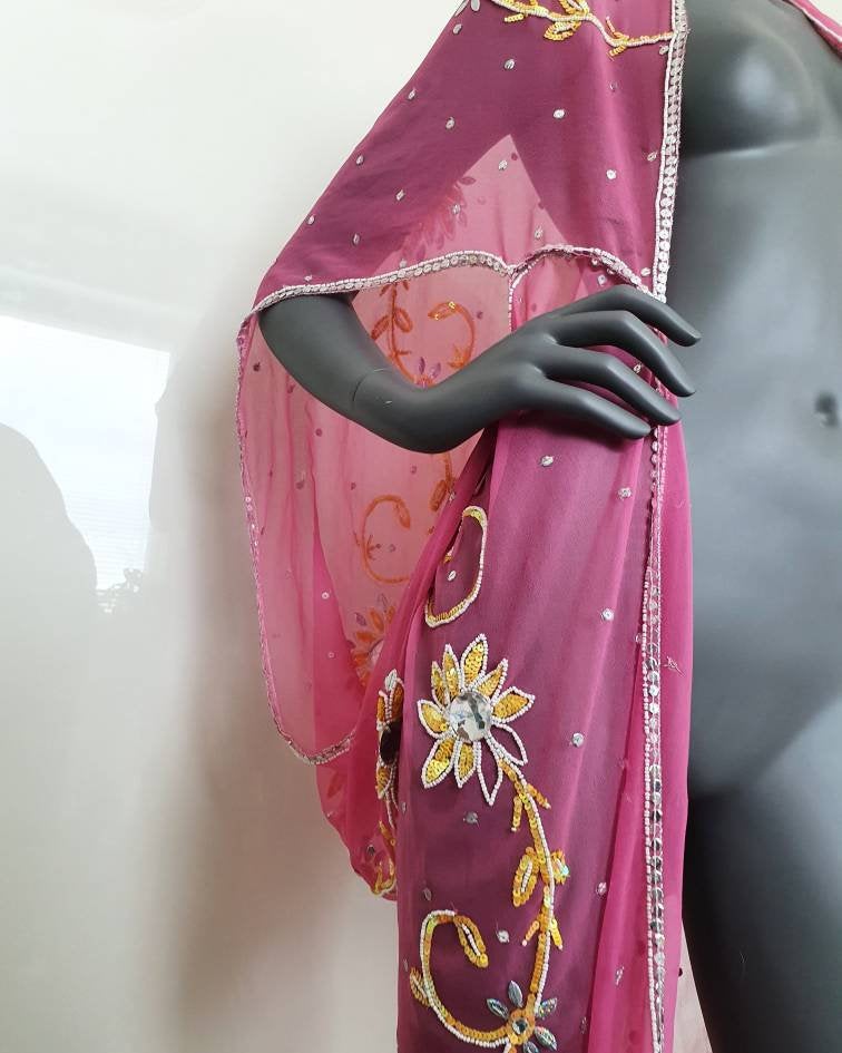 Draped kimono in pink, cut outs and hand embroidery with yellow, crystal and white (M)