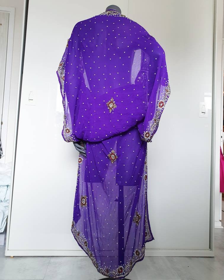 Draped kimono in bright purple with elaborated hand embellishments in white, red and yellow (M)