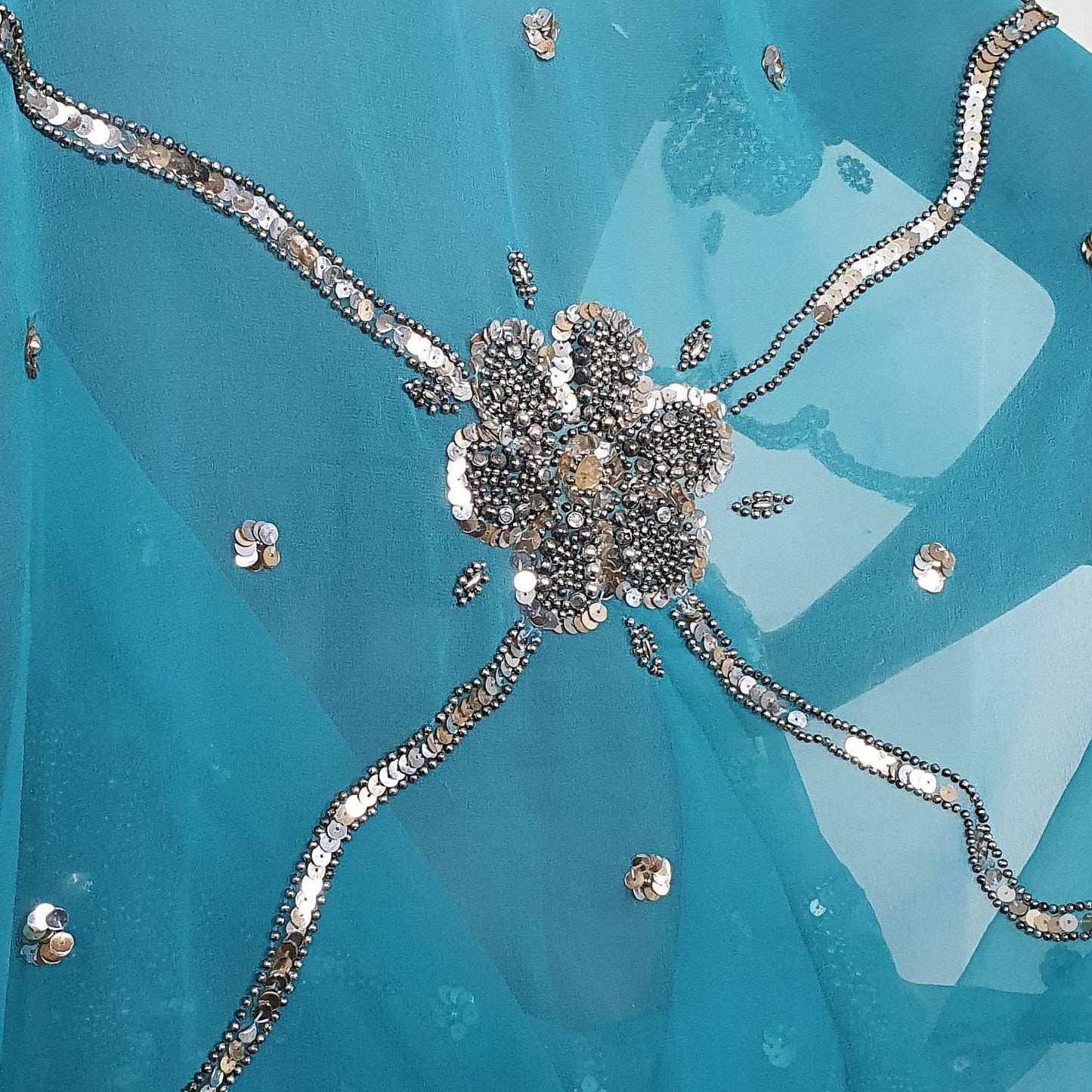 Draped kimono, sky blue with elaborated hand embroidery with silver sequins and beads (M-L)