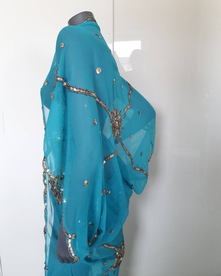 Draped kimono, sky blue with elaborated hand embroidery with silver sequins and beads (M-L)