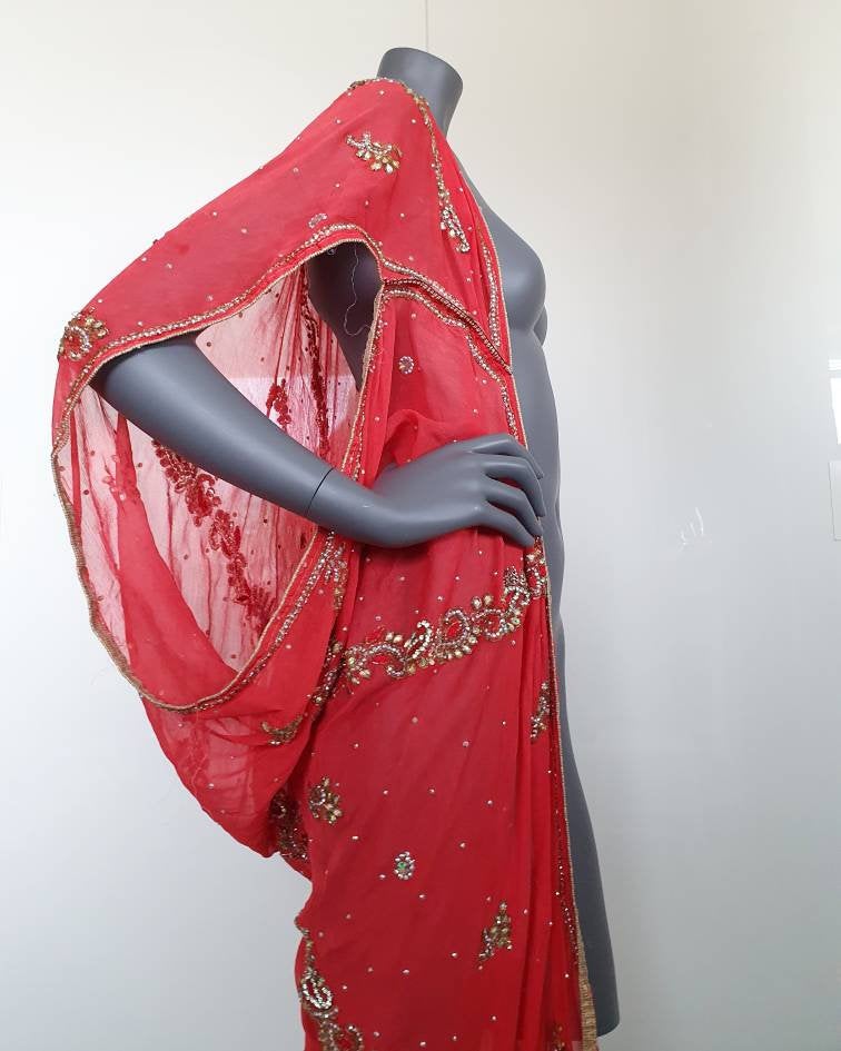Draped kimono in warm punch with elaborated hand embroidery with irredecent crystals (M)