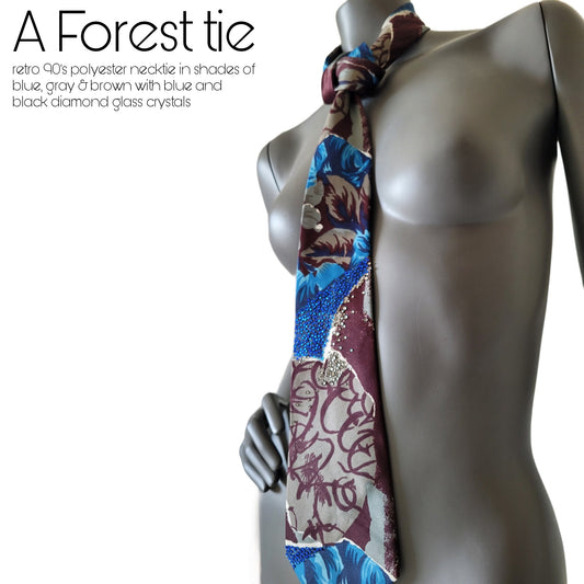 Another Dance collection: A Forest tie, retro 90's polyester necktie in blue, brown & gray with blue and black diamond glass crystals