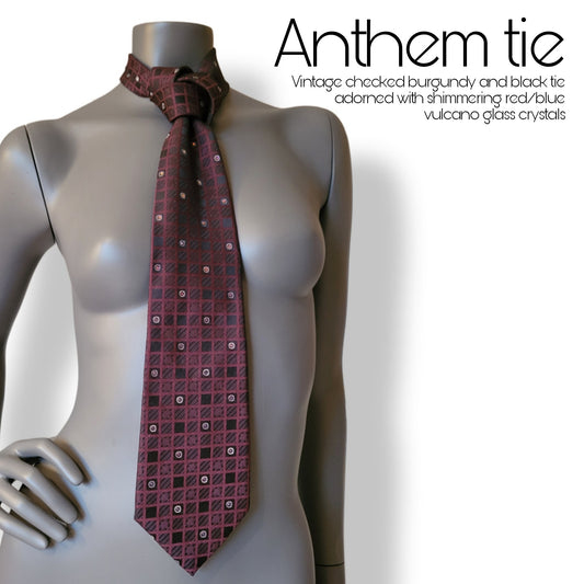 Another Dance collection: Anthem tie, vintage checked polyester tie in burgundy and black adorned with shimmering glass red and blue vulcano crystals