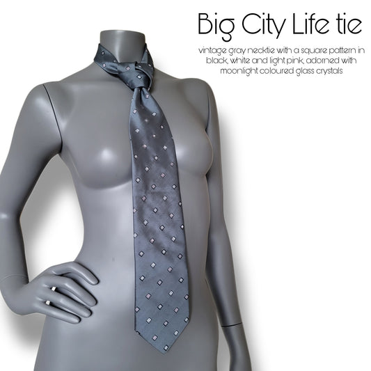 Another Dance collection: Big City Life tie, gray retro polyester necktie with square pattern in black, white and light pink with moonlight glass crystals