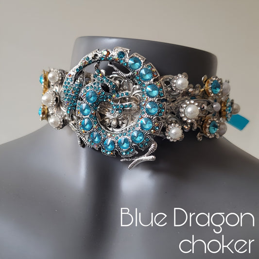 WhatEver collection: The Blue Dragon metal choker with a turquoise blue Chinese dragon, faux pearls and hight quality glass crystals