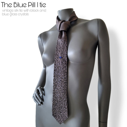 Depth of the Rabbit Hole collection: Blue Pill I tie, Matrix inspired silk necktie with blue and black glass crystals