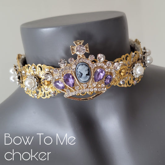 WhatEver collection: The Bow To Me metal choker with a crystal encrusted tiara crown with amethyst coloured crystals, faux pearls and hight quality glass crystals