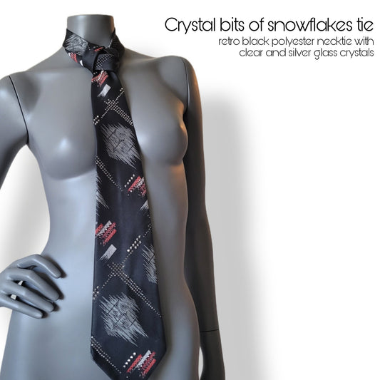 Another Dance collection: Crystal bits of Snowflakes tie, retro 70's polyester necktie with abstract  geometrical pattern adorned with clear, silver and gun metal glass crystals