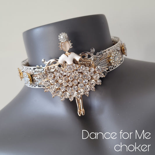 WhatEver collection: The Dance for Me metal choker with a crystal encrusted dancing girl in white with dangling/moving feet, and high quality glass crystals