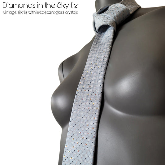 Another Dance collection: Diamonds in the Sky tie, vintage light blue silk necktie with irredecent glass crystals in zig zag pattern