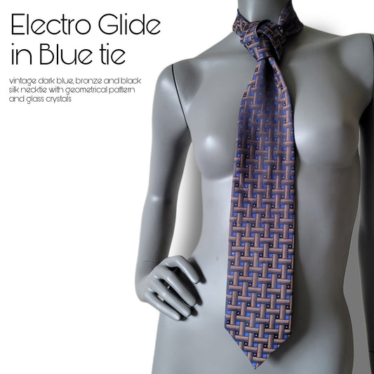 Another Dance collection: Electro Glide in Blue tie, vintage dark blue, bronze and black necktie with geometrical pattern and glass crystals