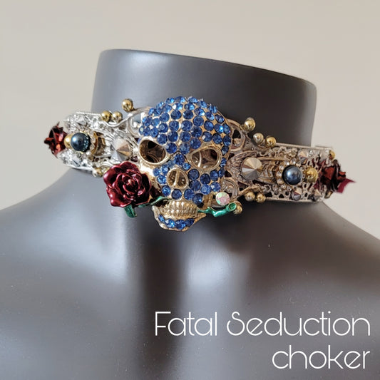 WhatEver collection: The Fatal Seduction metal choker with a light blue crystal encrusted skull with rose between the teeth, high quality glass crystals, metal roses and faux pearls