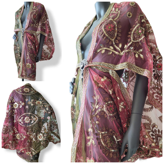 Draped short kimono in slightly stiffer net fabric, warm pink & light moss green with beautiful hand embrodery (L)