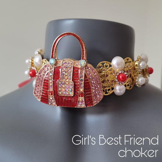 WhatEver collection: The Girl's Best Friend metal choker with a crystal encrusted red and pink handbag, faux pearls and hight quality glass crystals