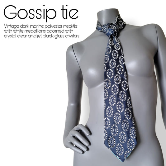 Another Dance collection: Gossip tie, dark navy necktie with white medallion pattern adorned with crystal clear and jet black glass crystals