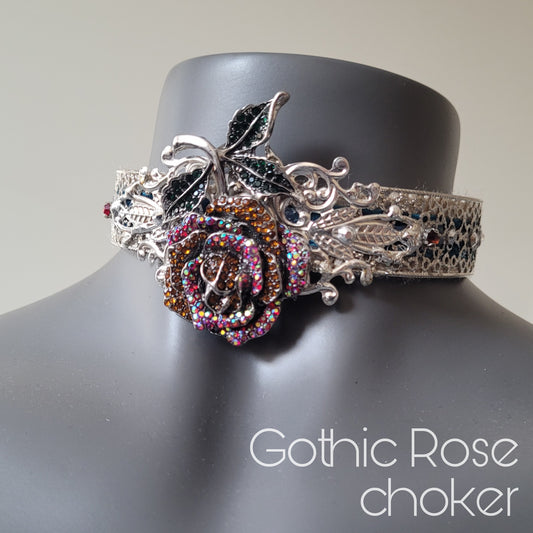 WhatEver collection: The Gothic Rose, reversable metal choker with a crystal encrusted rose and glass crystals