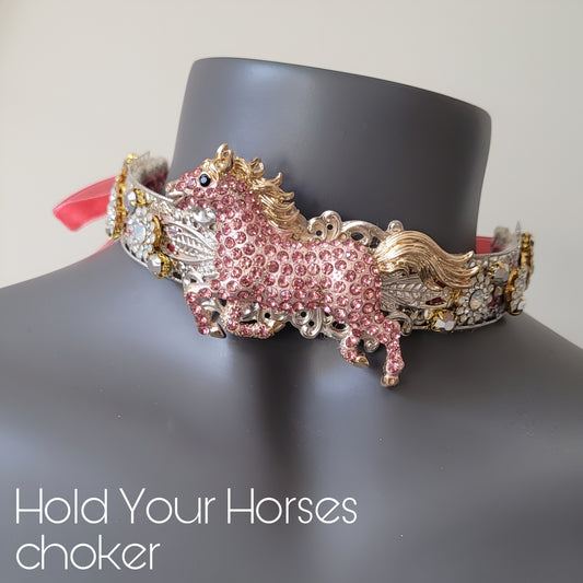 WhatEver collection: The Hold Your Horses metal choker with a running pink horse and high quality glass crystals