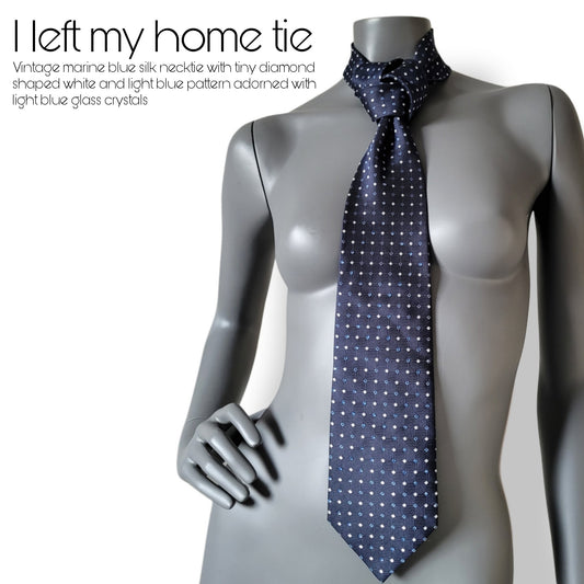 Another Dance collection: I Left My Home tie, vintage silk necktie in marine blue adorned with tiny white and light blue diamond shapes and light blue glass crystals