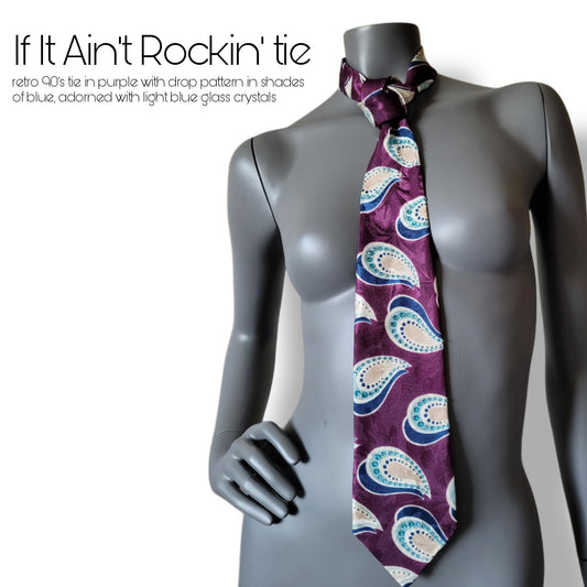 Another Dance collection: If It Ain't Rockin' tie, retro 90's polyester necktie in purple, navy & light blue with light blue glass crystals