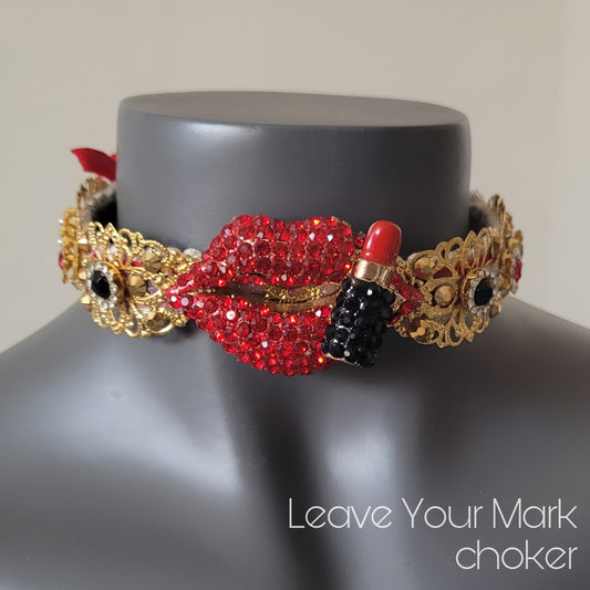 WhatEver collection: The Leave Your Mark metal choker with red lips, a lipstick, rhinestones and glass crystals