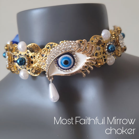 WhatEver collection: The Most Faithful Mirrow metal choker with a crystal encrusted eye with a pearl tear drop, pearls and glass crystals