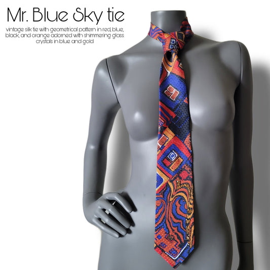Another Dance collection: Mr. Blue Sky tie, vintage dark blue, bronze and black necktie with geometrical pattern and glass crystals
