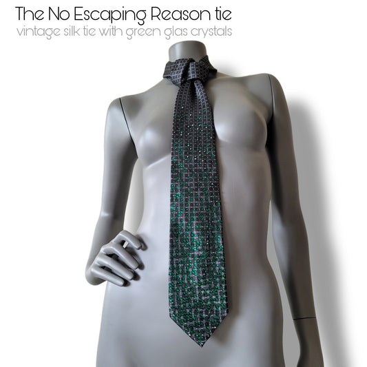 Depth of the Rabbit Hole collection: No Escaping Reason tie, necktie with green glass crystals in Matrix inspired pattern