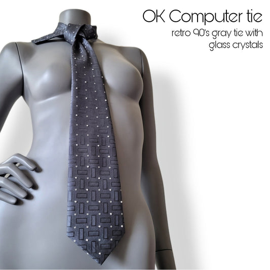 Another Dance collection: OK Computer tie, retro gray polyester necktie with ge pattern adorned with silver rhinestones