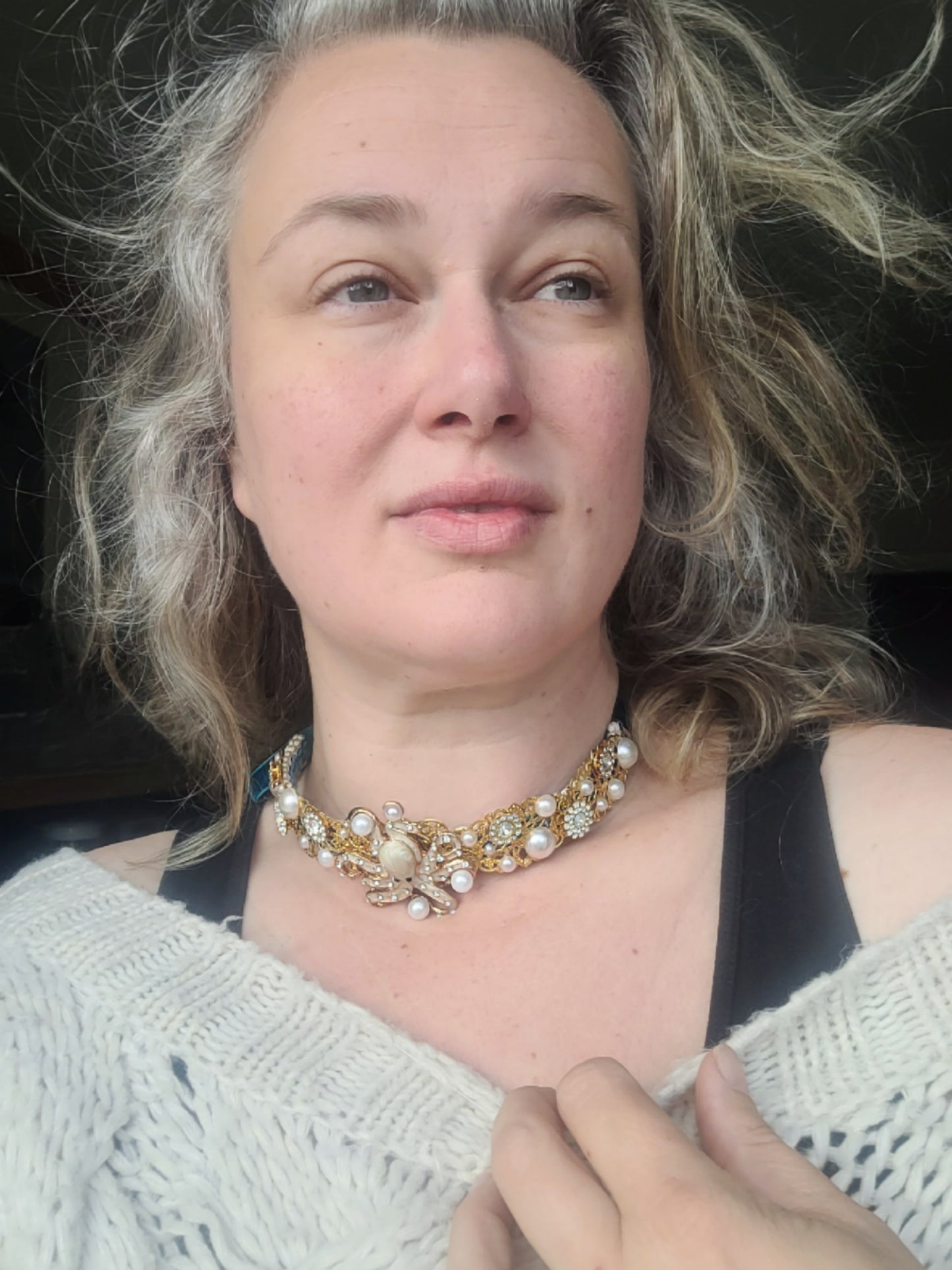 WhatEver collection: Octopus Strike metal choker with a white octopus throwing around faux pearls surrounded by pearls and shimmering glass crystals