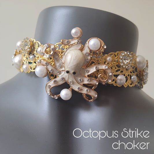 WhatEver collection: Octopus Strike metal choker with a white octopus throwing around faux pearls surrounded by pearls and shimmering glass crystals