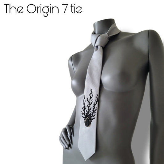 Origin collection: The Origin VII tie, vintage slim gray necktie with black glass crystals