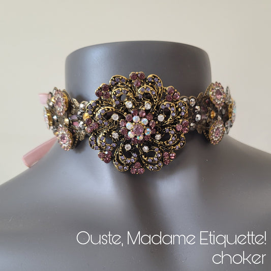 WhatEver collection: The Ouste, Madame Etiquette! metal choker in a Marie Antoinette inspired vibe with ornate pastel flowers, glass crystals, and rhinestones